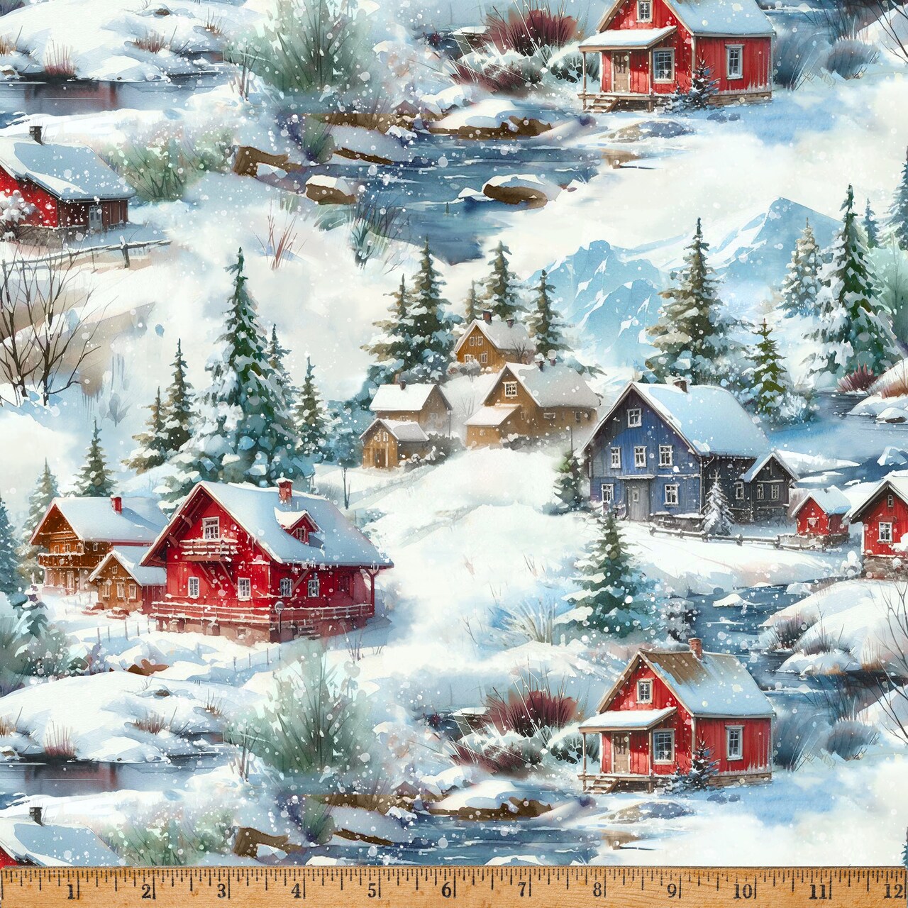 Fabric Hoffman Snow Winter Scenic Village Cozy Tidings by the Quarter Yard X5598-307
